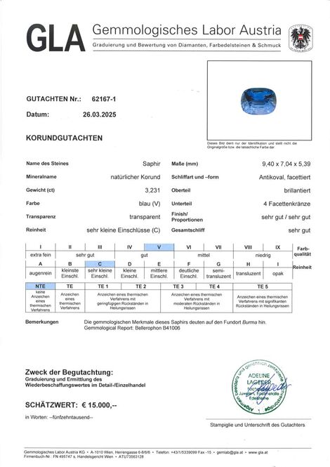 Gutachten zu Burma Saphir antik blau unbehandelt 3,23 ct.