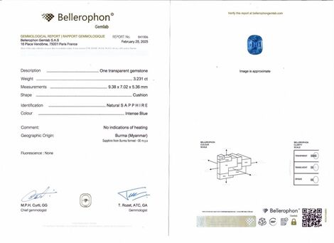 Gutachten zu Burma Saphir antik blau unbehandelt 3,23 ct.