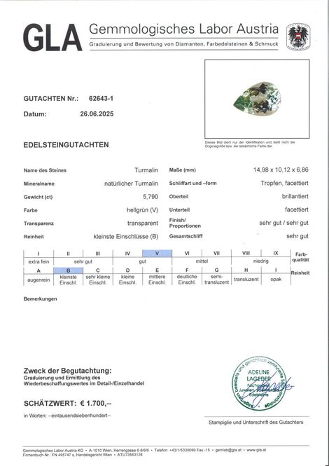 Gutachten zu Turmalin Tropfen hellgrün 5,79 ct