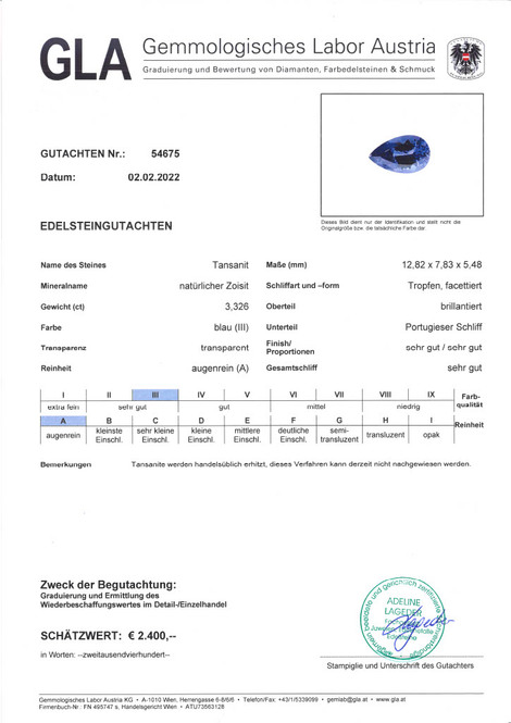 Gutachten zu Tansanit Tropfen intensives Blau 3,32 ct.