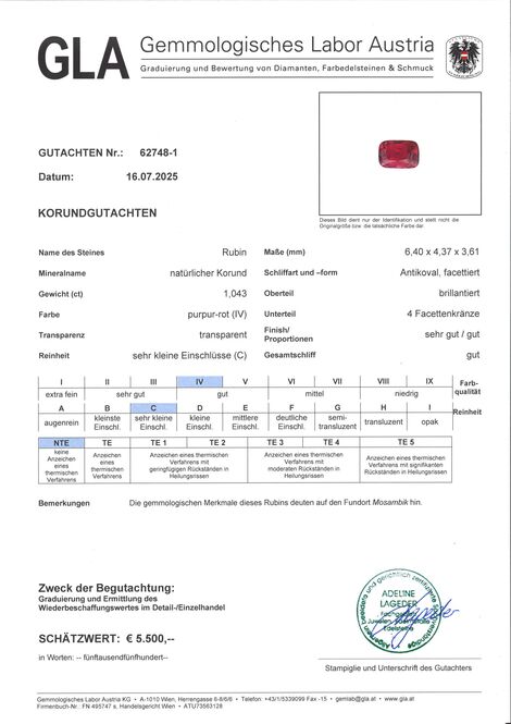 Gutachten zu Ruby cushion purplish red unheated 1.04 ct.