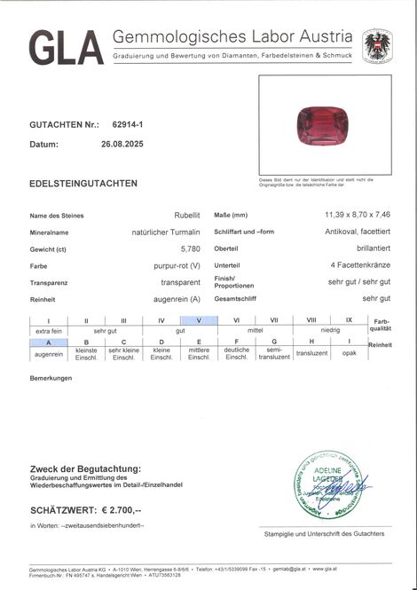 Gutachten zu Rubellite Tourmaline cushion purplish red 5.78 ct.