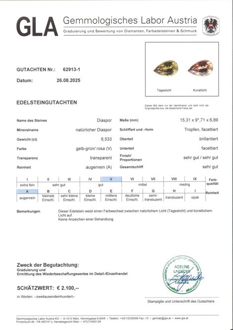 Gutachten zu Diaspor Sultanit Tropfen gelbgrün 6,53 ct