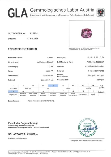 Gutachten zu Spinell antik pink-rosa 3,08 ct.