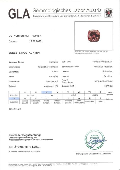 Gutachten zu Rubellit Turmalin antik rosarot 4,40 ct.