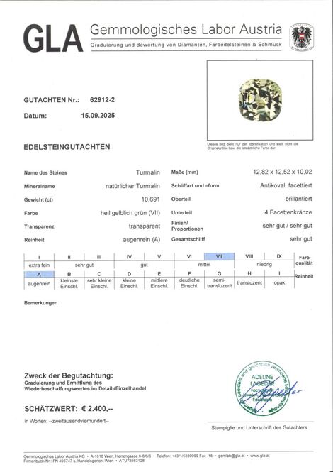 Gutachten zu Turmalin antik helles Gelbgrün 10,69 ct.