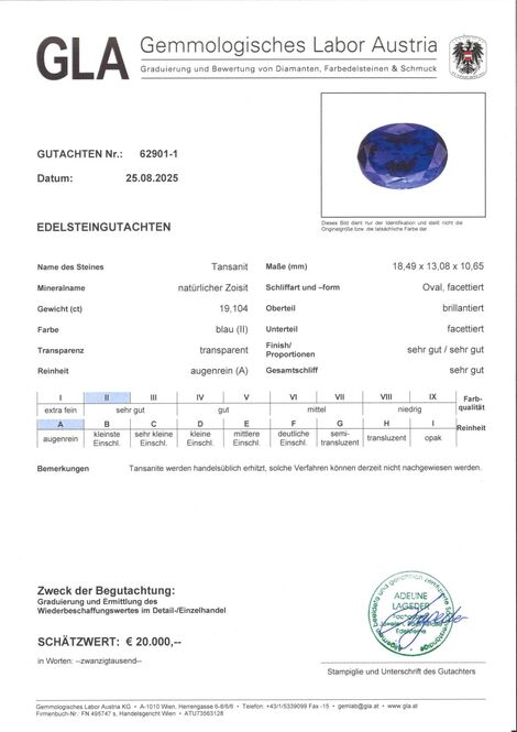 Gutachten zu Tansanit oval intensives Blau 19,10 ct.