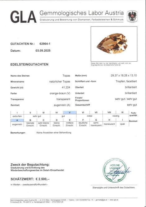 Gutachten zu Topaz pear orange brown 41.22 ct.