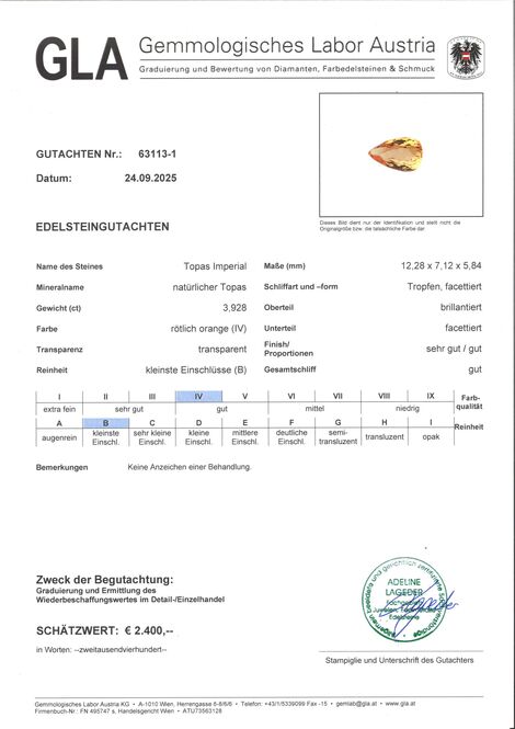 Gutachten zu imperial Topaz pear orange 3.92 ct