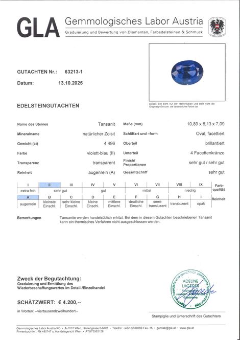 Gutachten zu Tanzanite oval intense blue 4.49 ct.