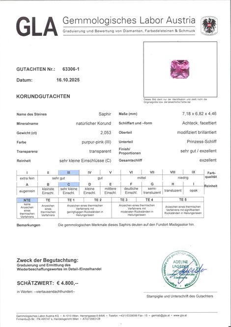 Gutachten zu Saphir octagon purpur-pink ungebrannt 2,05 ct.