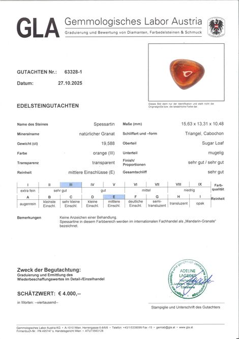 Gutachten zu Mandarin-Granat Trillion Cabochon orange 19,58 ct.