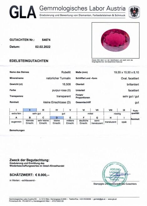 Gutachten zu Rubellite Tourmaline oval intense purple red 16.50 ct.