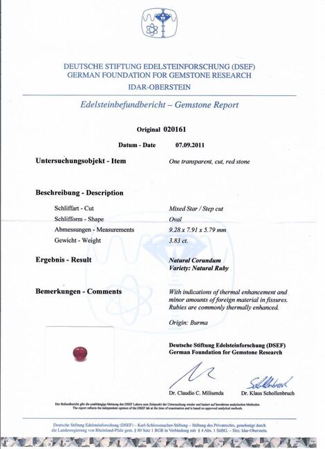 Gutachten zu Burma Rubin oval intensives pink-rot 3,83 ct.