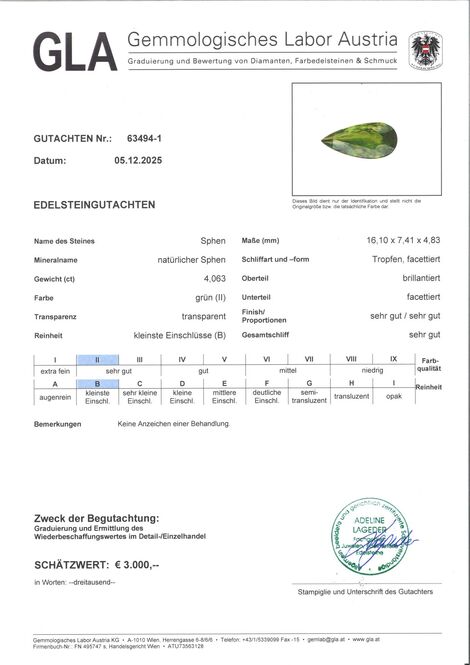 Gutachten zu Sphen Tropfen grün 4,04 ct.