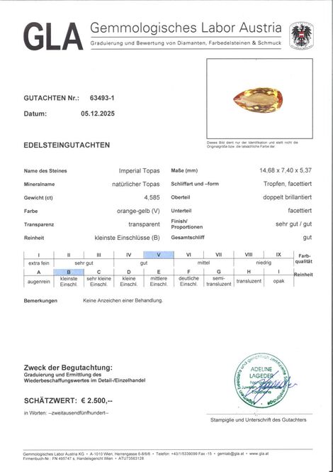 Gutachten zu Imperial Topas Tropfen orangegelb 4,58 ct.