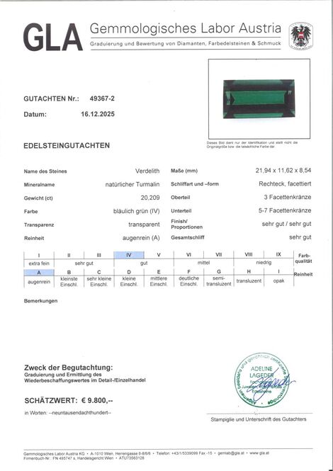 Gutachten zu Green Tourmaline Tourmaline Baguette green 20.29 ct