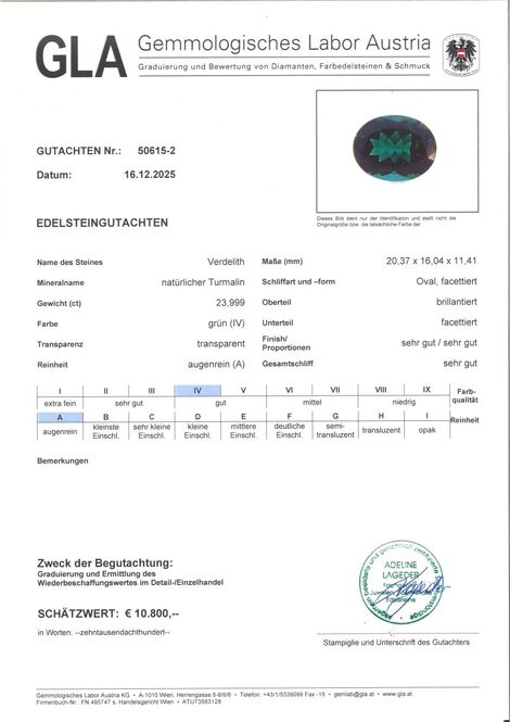 Gutachten zu Green Tourmaline Tourmaline oval green 23.99 ct