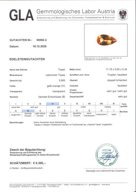 Gutachten zu Imperial-Topas pear yellow orange 5.66 ct