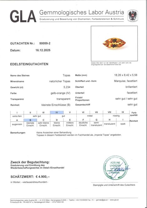 Gutachten zu Imperial-Topas marquise yellow orange 5.23 ct