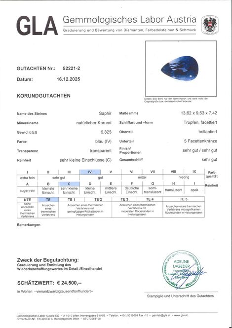 Gutachten zu Sapphire Korund pear blue 6.82 ct