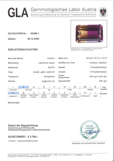 Gutachten zu Ametrine octagon violett&gelb 65.81 ct.