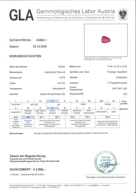 Gutachten zu Burma Ruby trillion red 1.07 ct