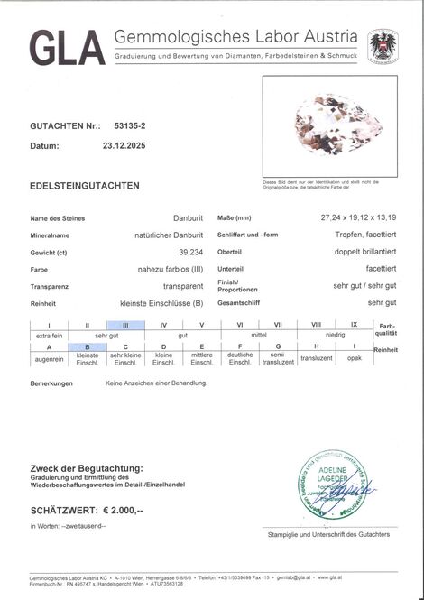 Gutachten zu Danburite pear colorless 39.23 ct