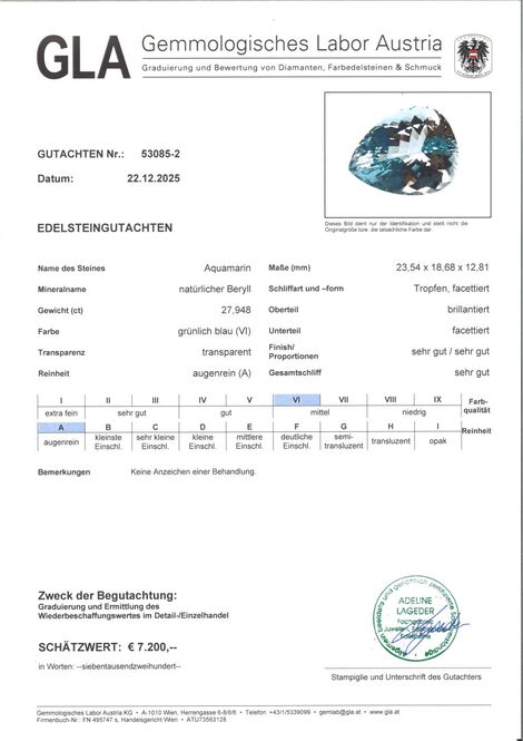 Gutachten zu Aquamarin Tropfen hellblau ungebrannt 27,94 ct