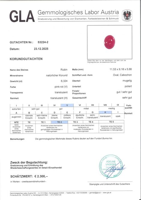 Gutachten zu Burma Rubin Cabochon oval 6,32 ct.