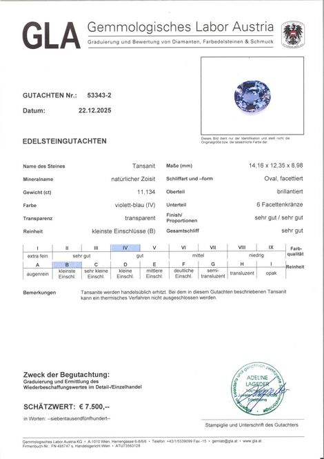 Gutachten zu Tanzanite oval blue 11.13 ct