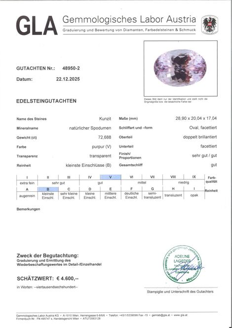 Gutachten zu Kunzit oval 72,68 ct
