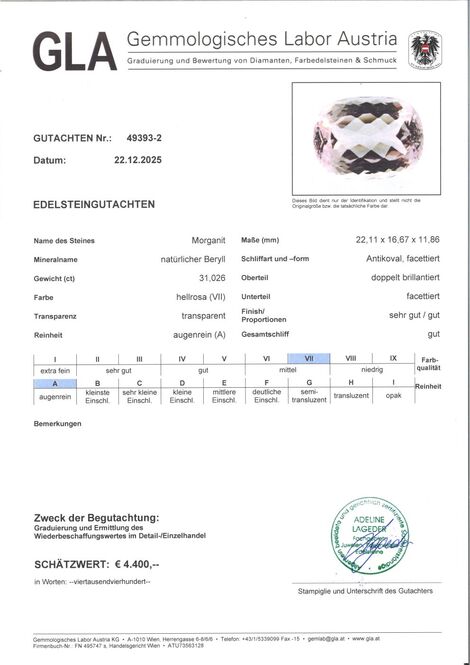 Gutachten zu Morganite cushion light pink 31.02 ct