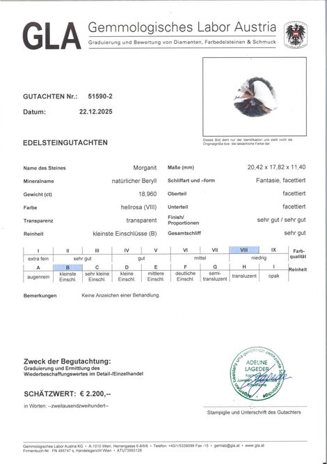 Gutachten zu Morganite Fantasy 18.96 ct