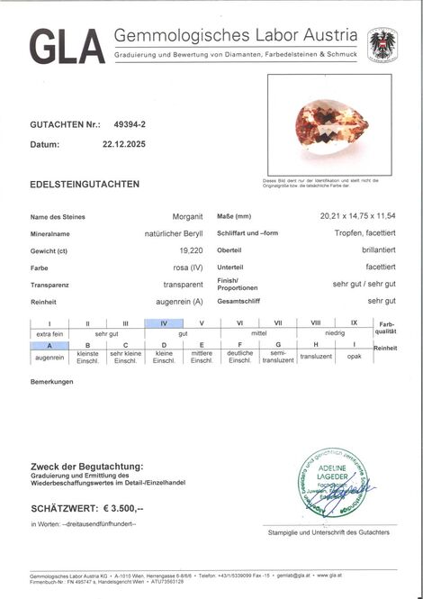 Gutachten zu Morganit Tropfen orangebraun-rosa 19,22 ct