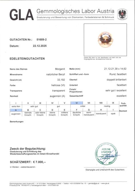 Gutachten zu Morganit Beryll rund hellrosa 33,19 ct