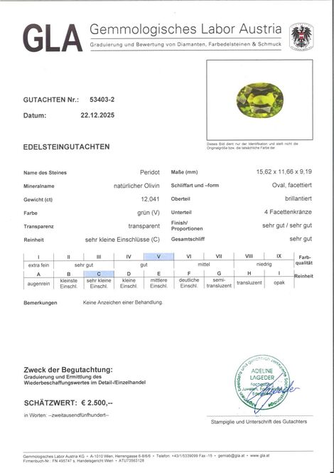 Gutachten zu Peridot oval green 12.04 ct