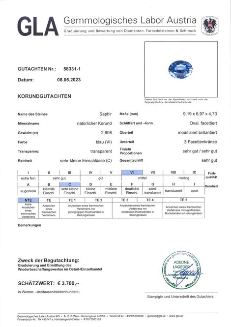 Gutachten zu Sapphire oval blue untreated 2.60 ct.