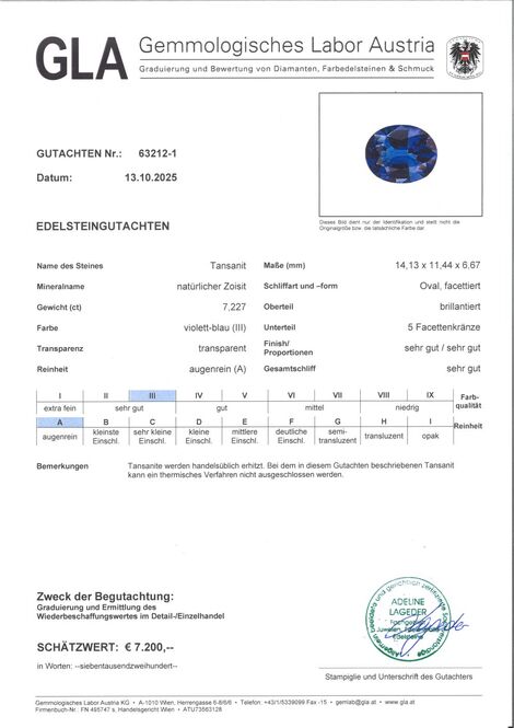Gutachten zu Tansanit oval intensives Blau 7,22 ct.