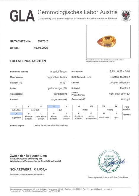 Gutachten zu imperial Topaz pear yellow orange untreated 5.13 ct.