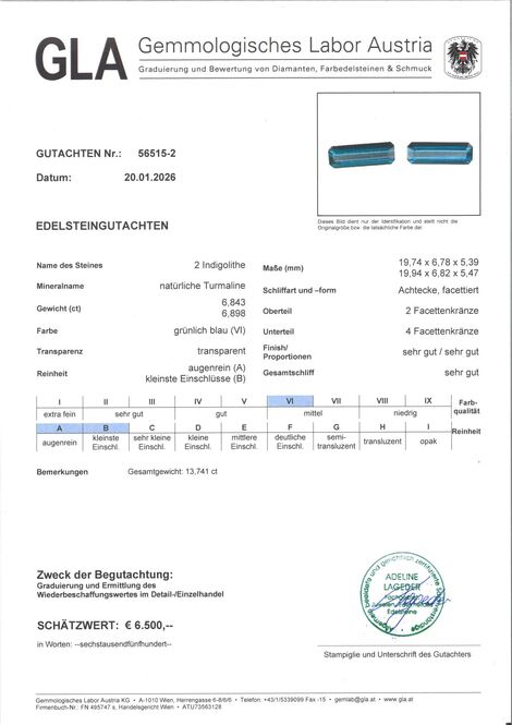 Gutachten zu Indicolite Pair Tourmalines Achteckschliffe blue 13.74 ct