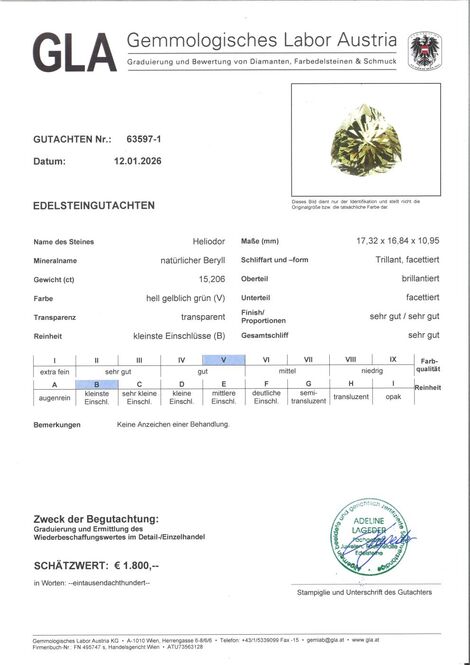 Gutachten zu Heliodor Beryll trillion light yellow green 15.20 ct.