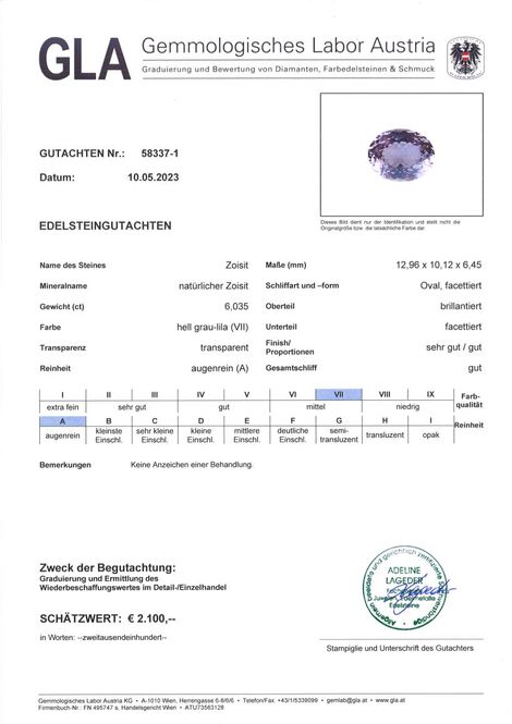 Gutachten zu Zoisit oval gräulich-lila unbehandelt 6,03 ct.