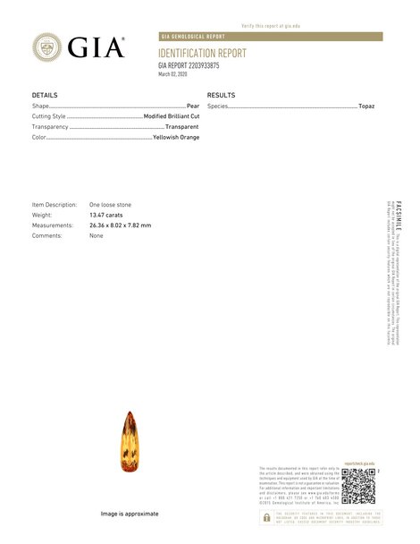 Gutachten zu Imperial Topas Tropfen orange 13,47 ct.