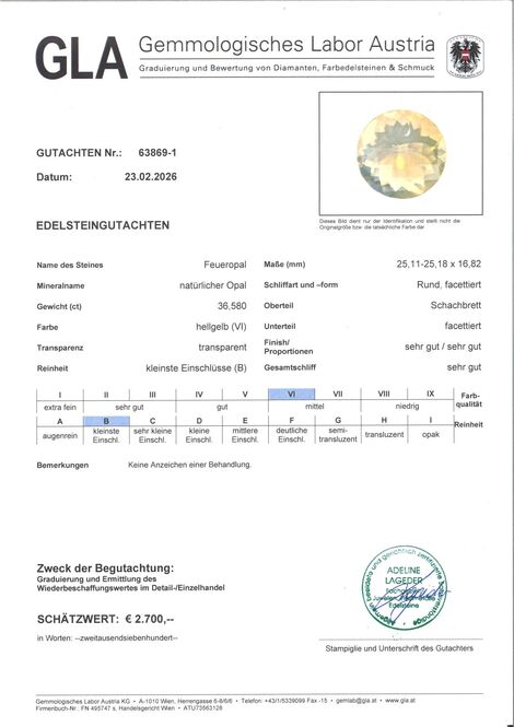 Gutachten zu Feueropal Rund-Schachbrett hellgelb 36,58 ct