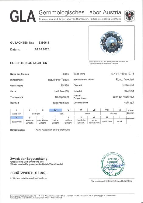 Gutachten zu Topas rund hellblau 25,58 ct