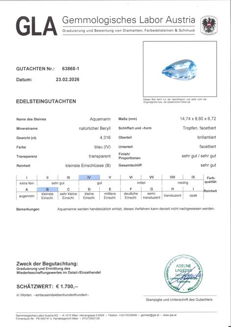 Gutachten zu Aquamarine pear light blue 4.31 ct.