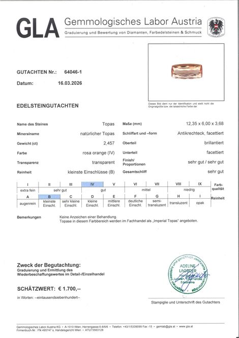 Gutachten zu Imperial-Topas antik orangerosa 2,45 ct