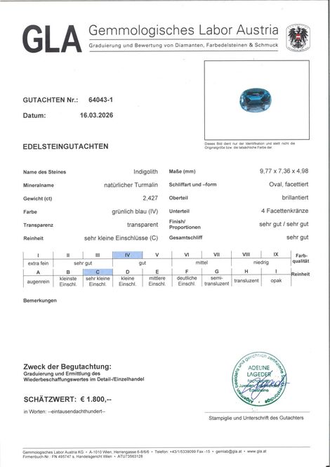 Gutachten zu Indigolith Turmalin oval blau 2,42 ct.