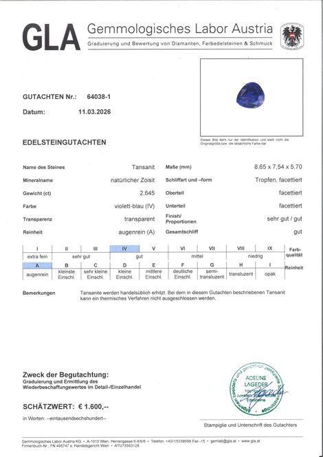 Gutachten zu Tanzanite pear intense blue 2.64 ct.